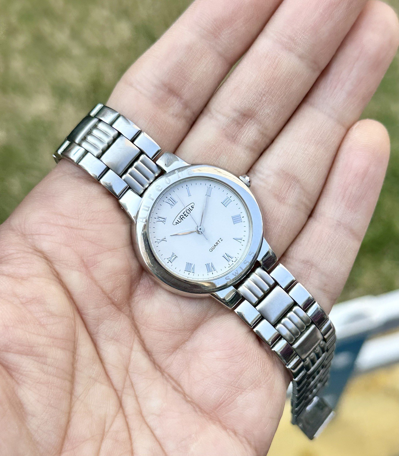 Vintage Aureole Swiss Quartz Watch 31mm All Stainless Steel Integrated Bracelet