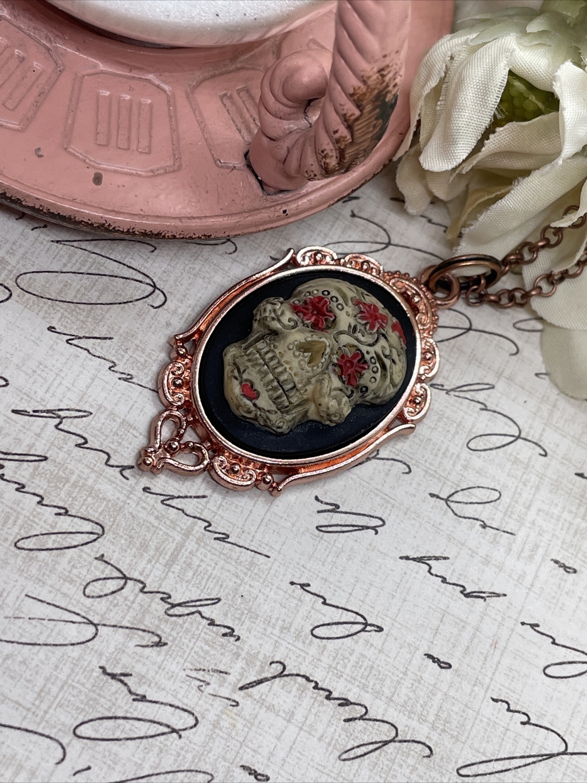 Sugar Skull Gothic Heart Wedding Rose Gold Party Birthday gift necklace Cameo