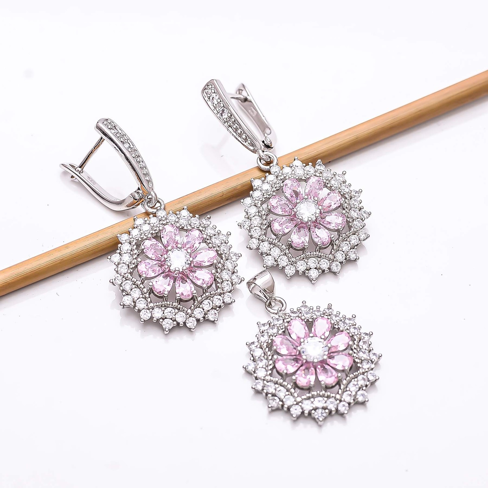 Pink Sapphire – Simulated & CZ 925 Silver Handmade Flower Pendant Set PS84