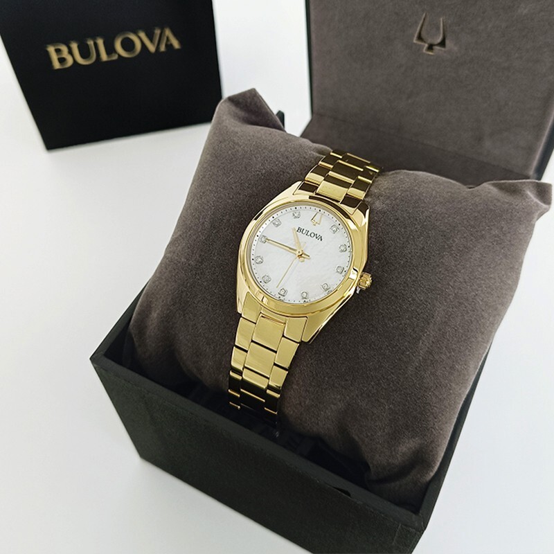 Bulova Surveyor Diamonds Gold Bracelet White Dial Women 97P172 Quartz Watch 31mm