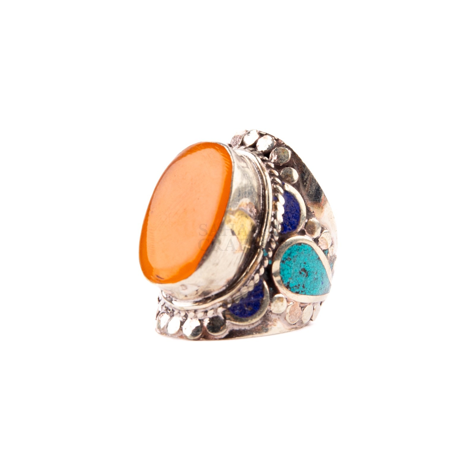Tibetan Ring, Orange Coral Turquoise Stone, Traditional Tibetan Bead Jewelry,