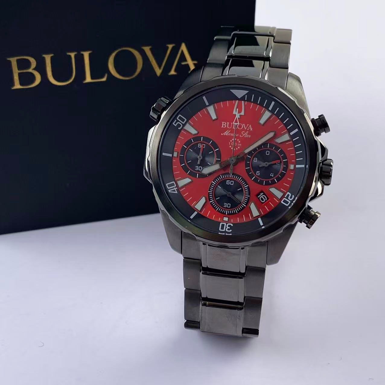 New Bulova Marine Star 98B350 Red Dial Men’s Chronograph Quartz Watch 43 mm