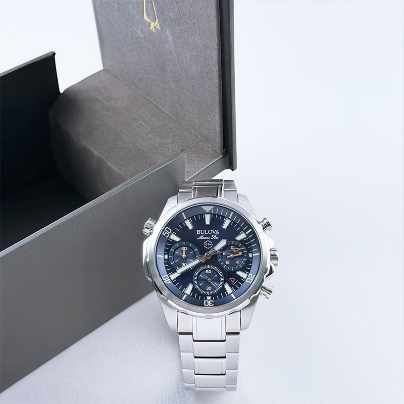 Bulova Men’s Marine Star 96B256 Blue Dial Stainless Strap Quartz Watch 43MM
