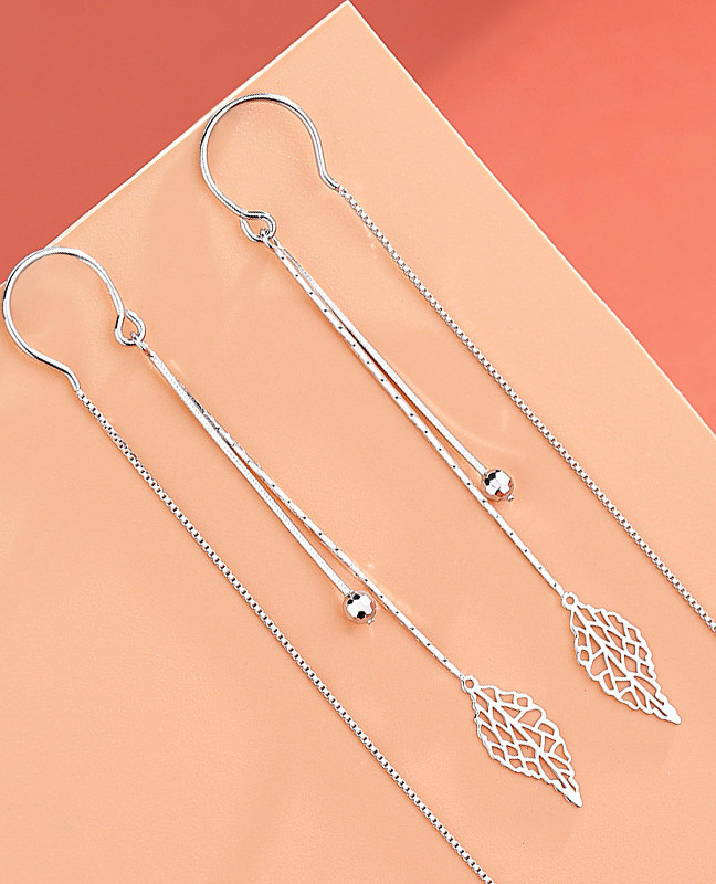 Solid 925 Sterling Silver Leaf Ball Pull Through Threader Earrings Gift Box PE21