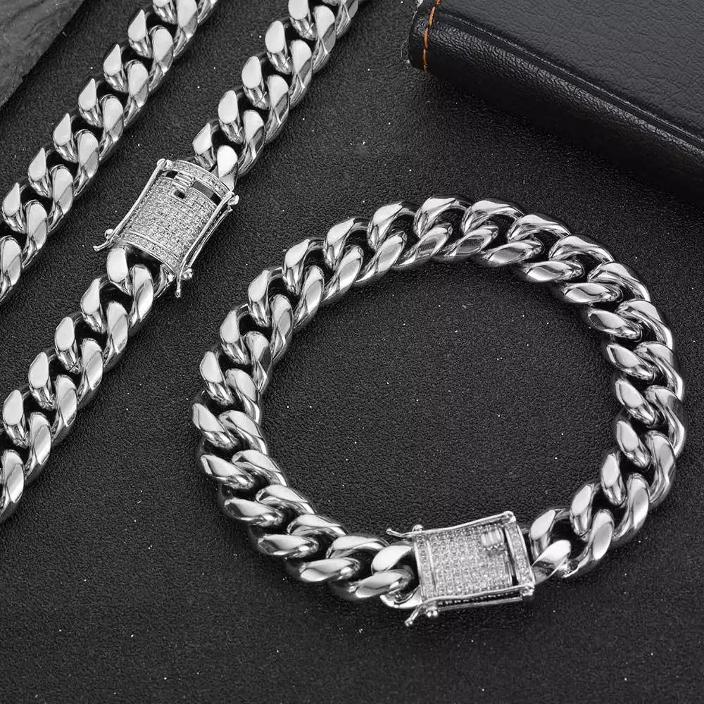 Miami Cuban Link Bracelet Chain Set White Gold Stainless Steel With CZ Clasp