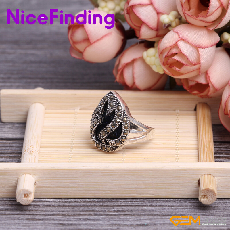 Assorted Stones Teardrop Silver Marcasite Beads Ring Jewelry Gift US Size #7-#10