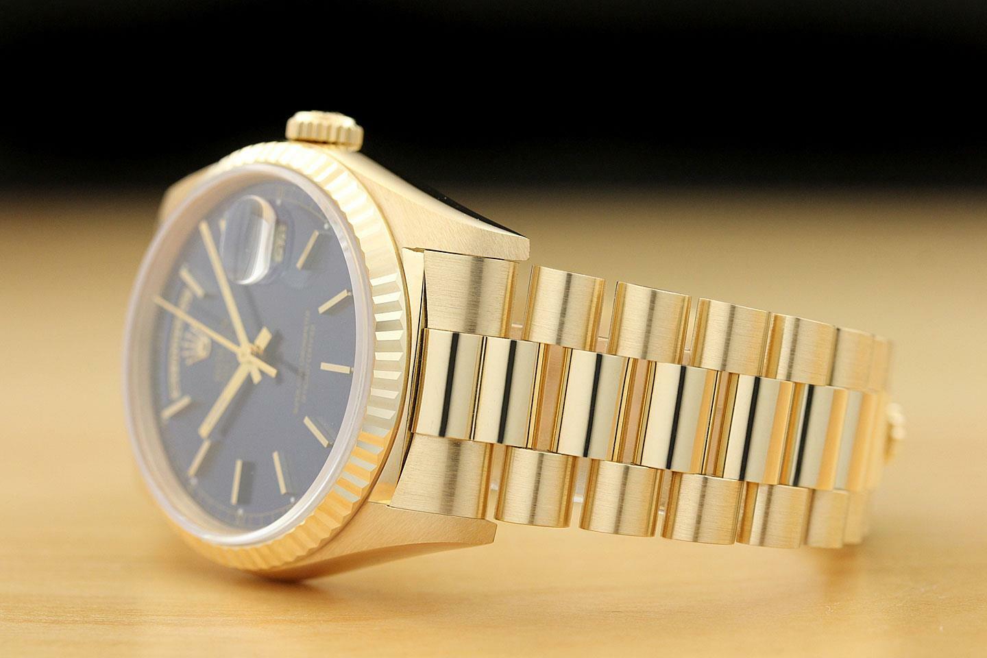 ROLEX MENS PRESIDENT DAY-DATE BLUE DIAL 18K YELLOW GOLD DOUBLE QUICKSET WATCH