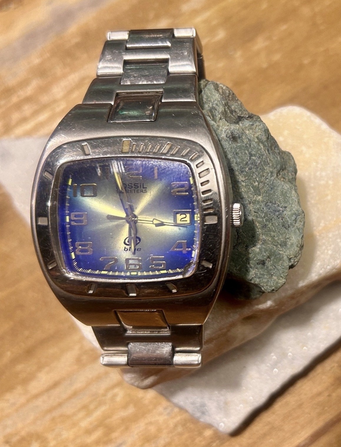 Vintage Fossil Blue stainless steel watch with Blue-to-Yellow Gradient Dial.