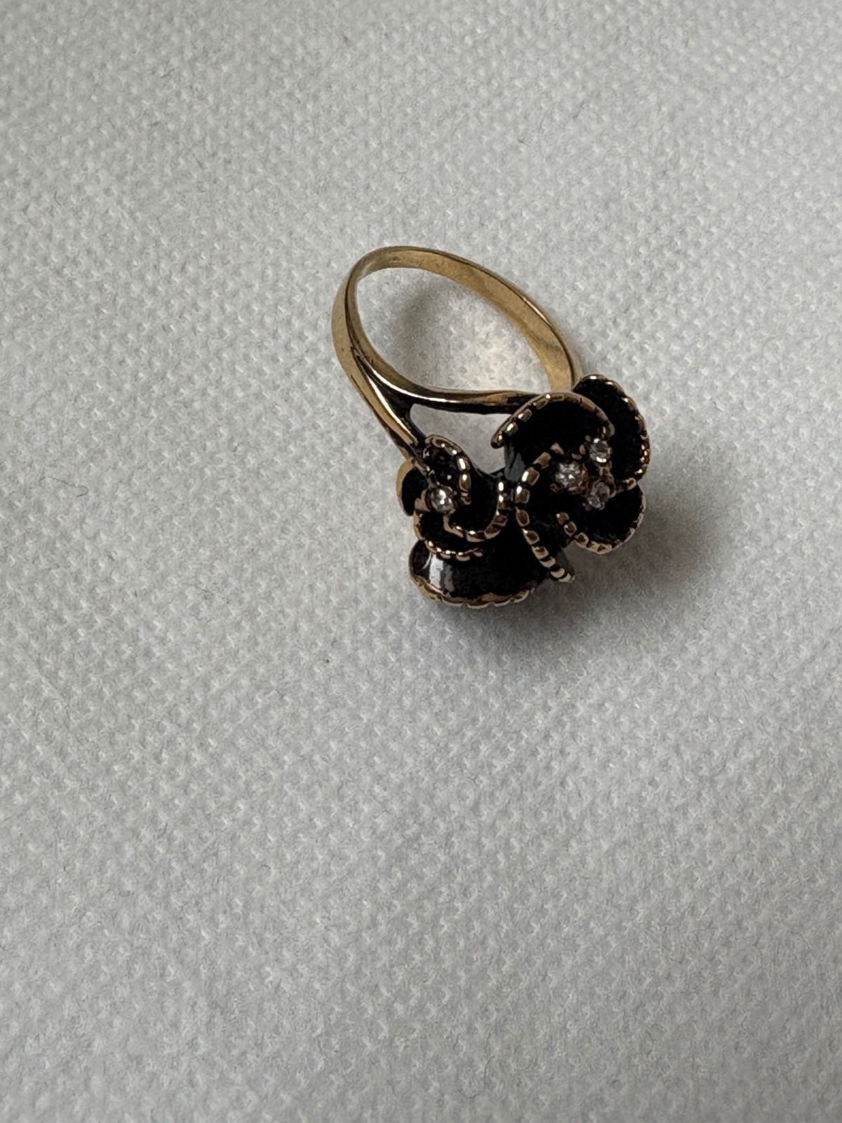 Vintage Gold-Tone Swirling Ring with Black Enamel and Clear Rhinestones, Gift-Ed