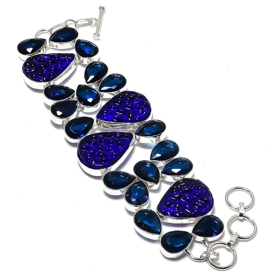 Blue Moldavite Quartz, Iolite Gemstone 925 Sterling Silver Bracelet 7-8″ O056