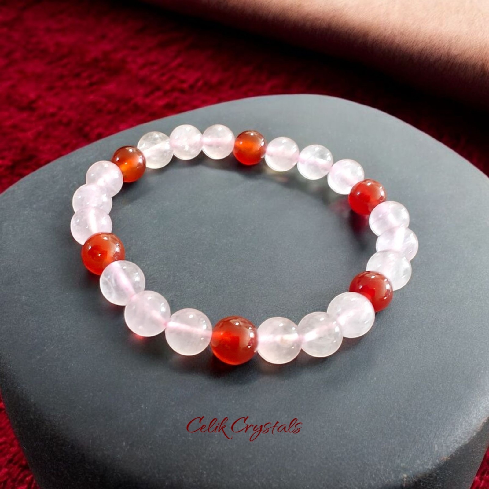 Rose Quartz & Carnelian Bracelet 2 Piece Set Natural Stones 8mm Stretches