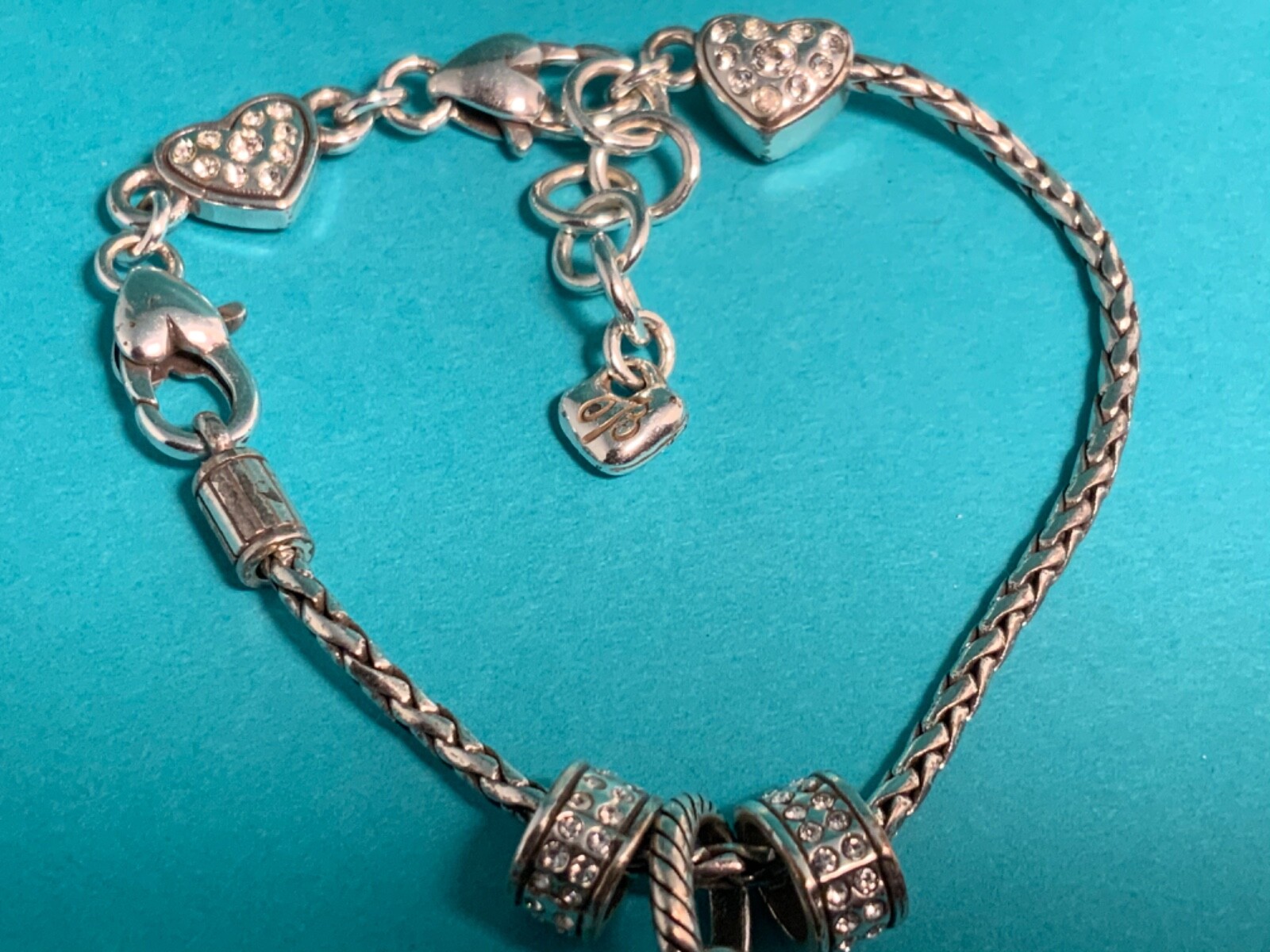🌸 Brighton Silver Crystal Heart Charm Bracelet With 3 Charms (B23) 🌸