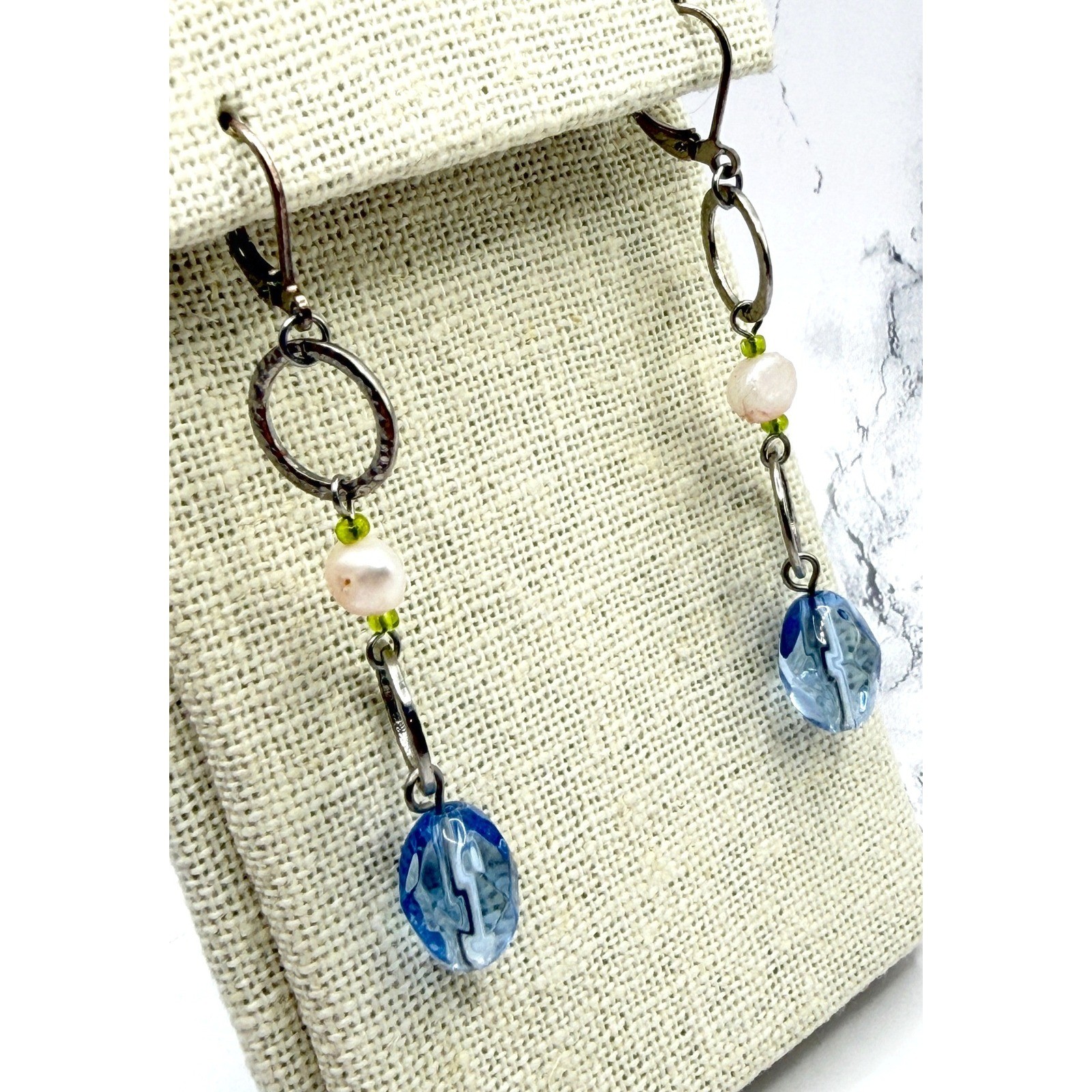 Blue Glass Pearl Dangle Earrings Hammered Silver Tone 2.5″ Watch Video