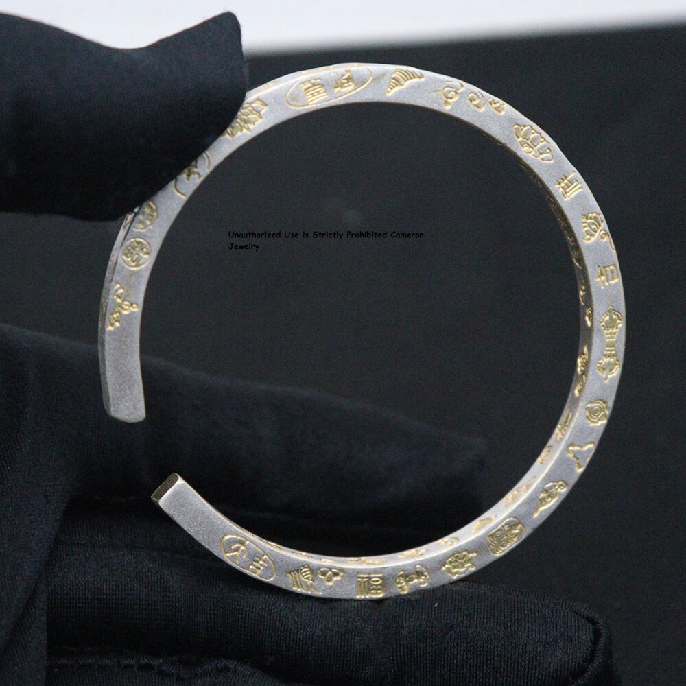 Pure S999 Fine Silver 999 Bracelet 5mm Enamel Square Heart Sutra Figure Bangle
