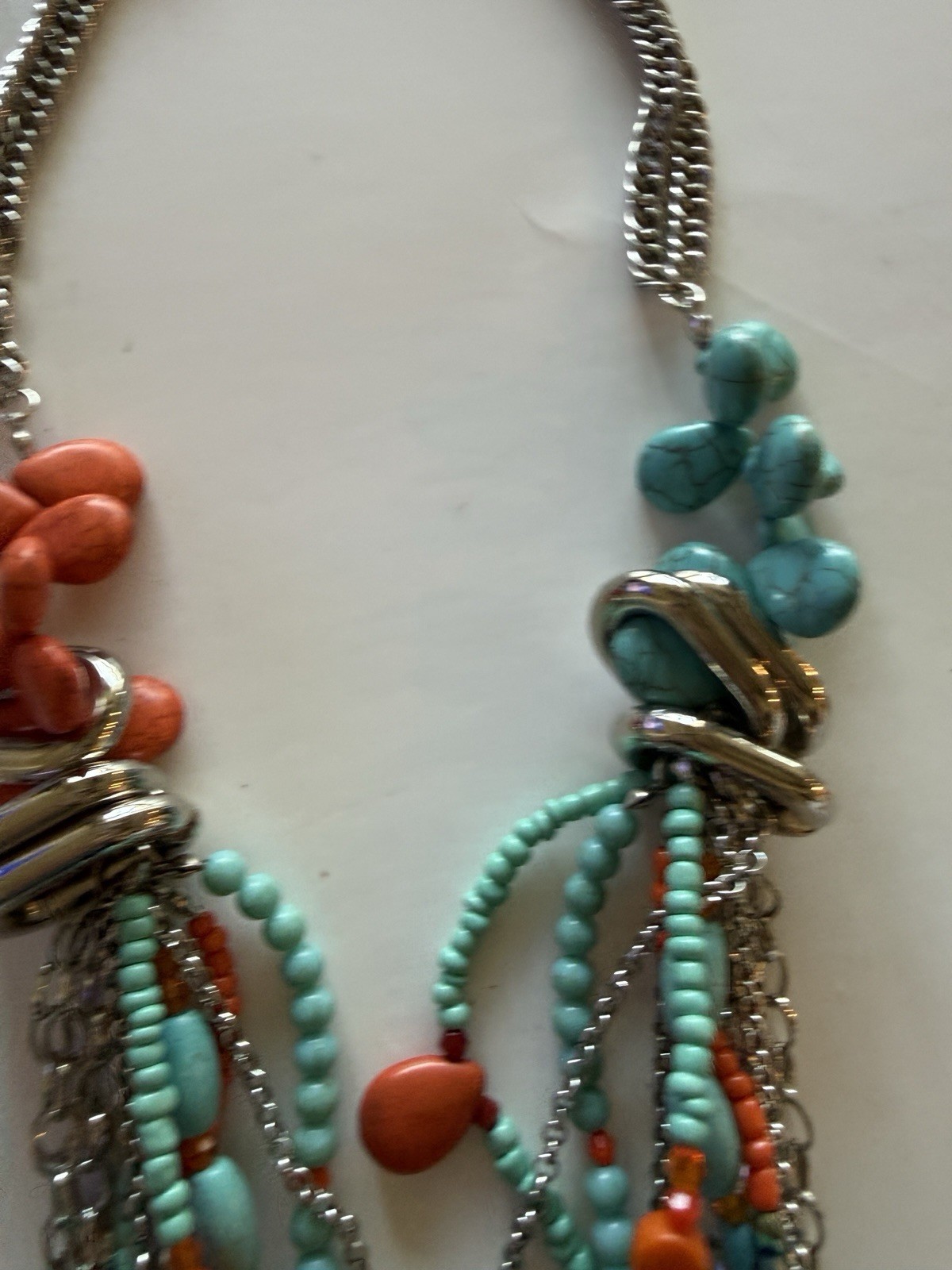 Turquoise & Coral Beaded Multi-Strand Layered Statement Necklace Lobster