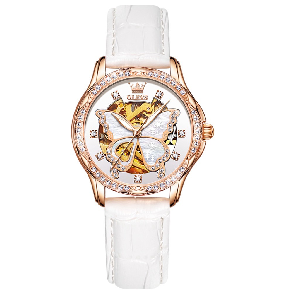 OLEVS 6622 Leather Ceramic Hollow Out Women Dress Mechanical Automatic Watch