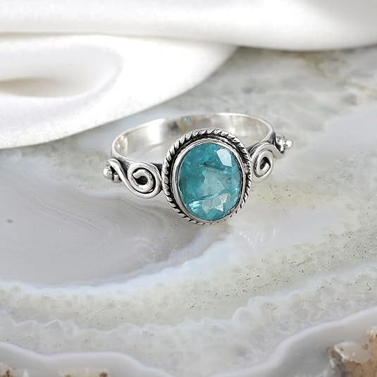 100% Natural Sky Apatite Oval Cut Ring in 925 Oxidized Sterling Silver