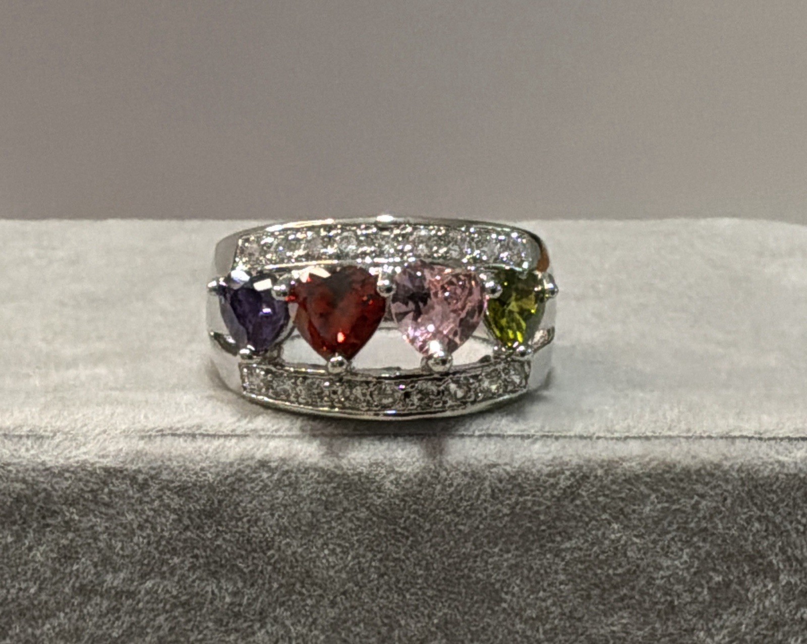MULTI-STONE RING – HEART CUT STONES – 7mm Each.- .925 Sterling Silver!!!