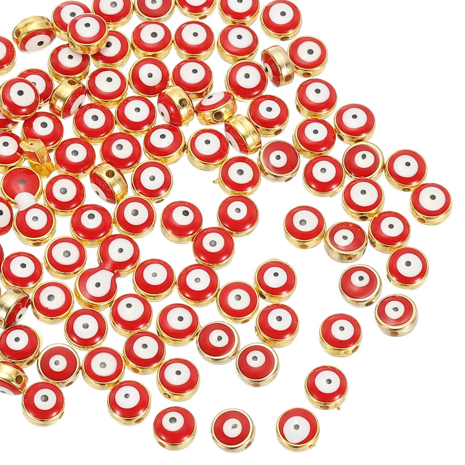 100 Pcs 8mm Flat Round Evil Eye Beads with Golden Edge, Red