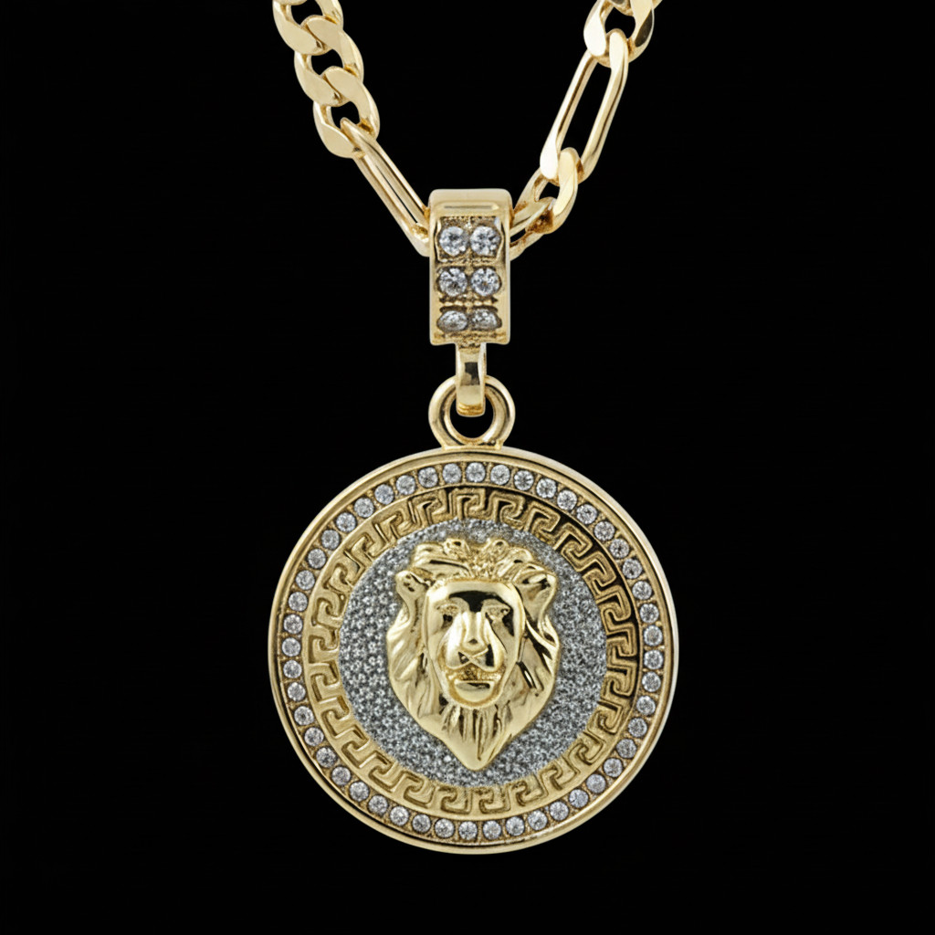 L2JK Men’s Gold Tone CZ Lion Face Pendant Necklace, 5mm 24” Figaro Chain