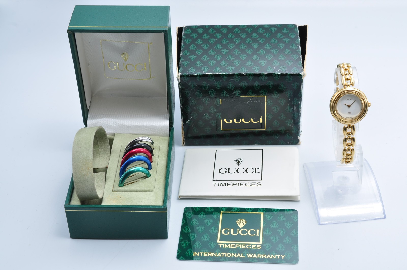 Gucci 11/12.2 Change Bezel Watch Gold Tone Rice Link Band w/6Bezels,Box w-11131