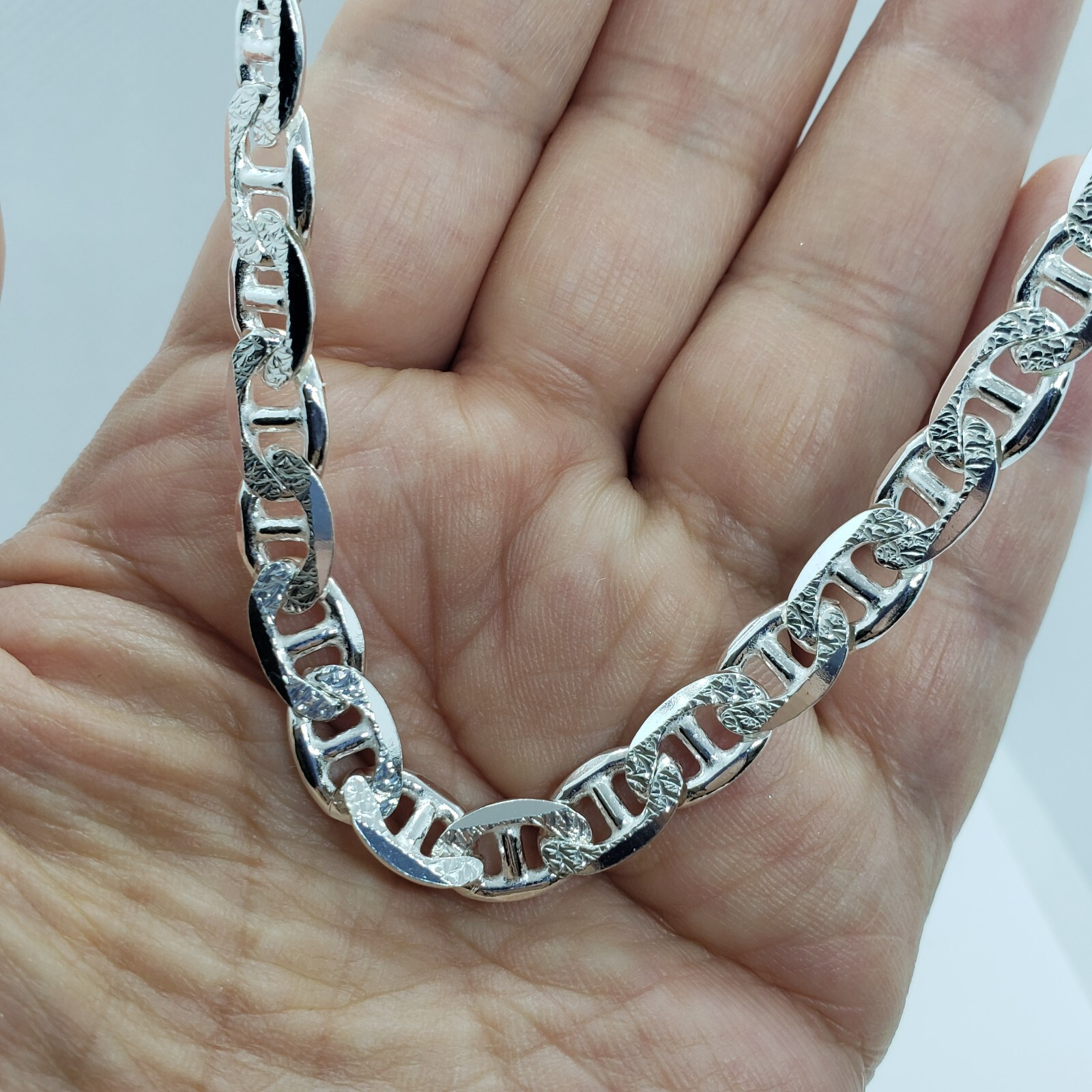 Sterling Silver D/C Flat Mariner Link Chain Necklace Bracelet Italy 8mm, 7″-30″