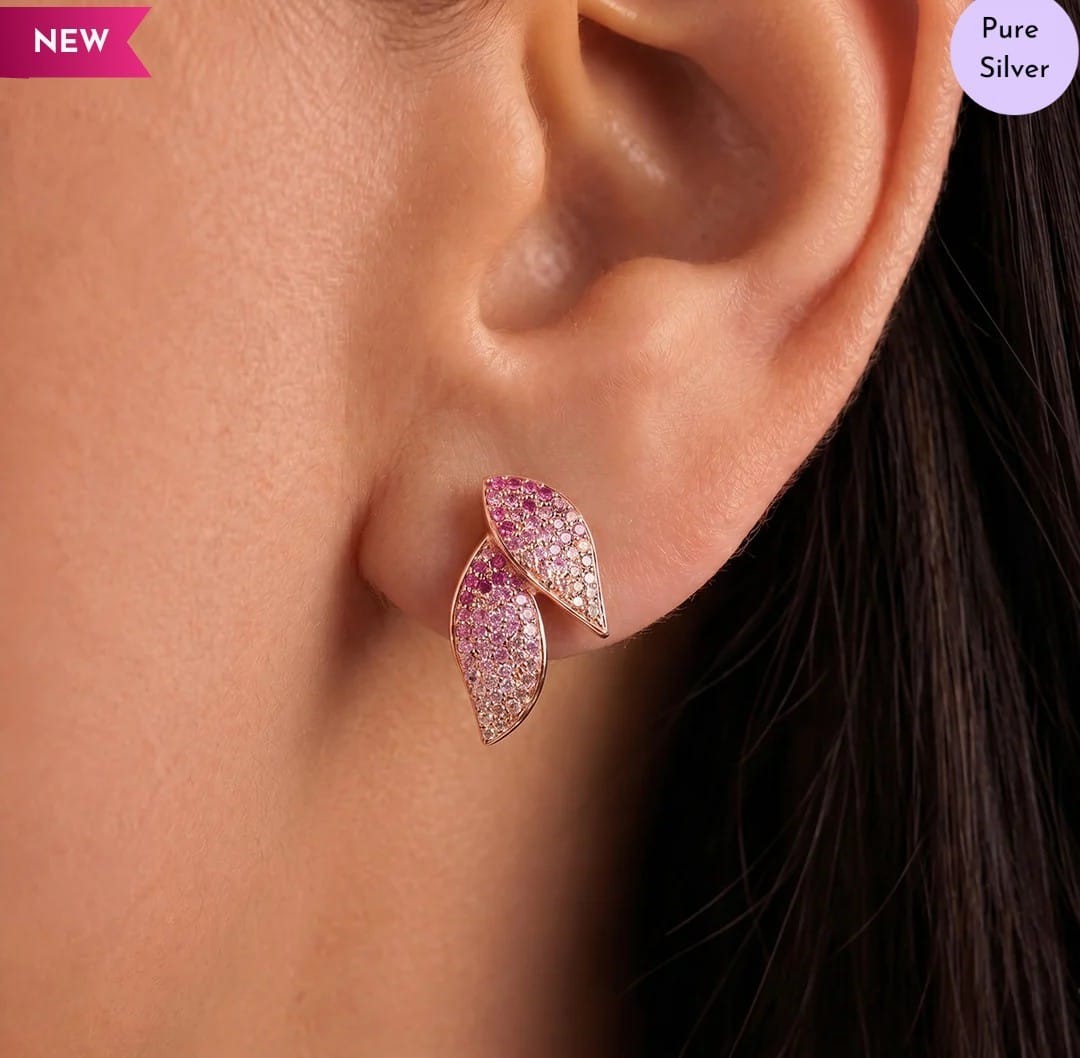 925 Sterling Silver 14K Rose Gold Plated Pink Ombre Leaf Stud Earrings Women