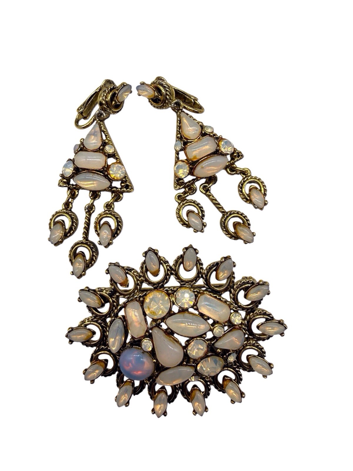 Vtg Hollycraft Set Brooch Dangle Earrings Fiery Opal Rhinestone Gold 50s 60s C
