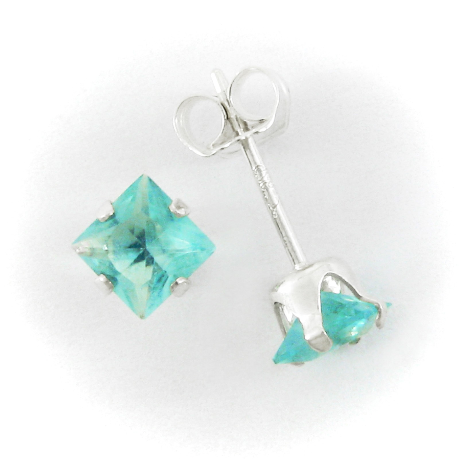 4mm Square CZ Aquamarine Blue Post Earrings in SOLID 925 Sterling Silver – NEW!