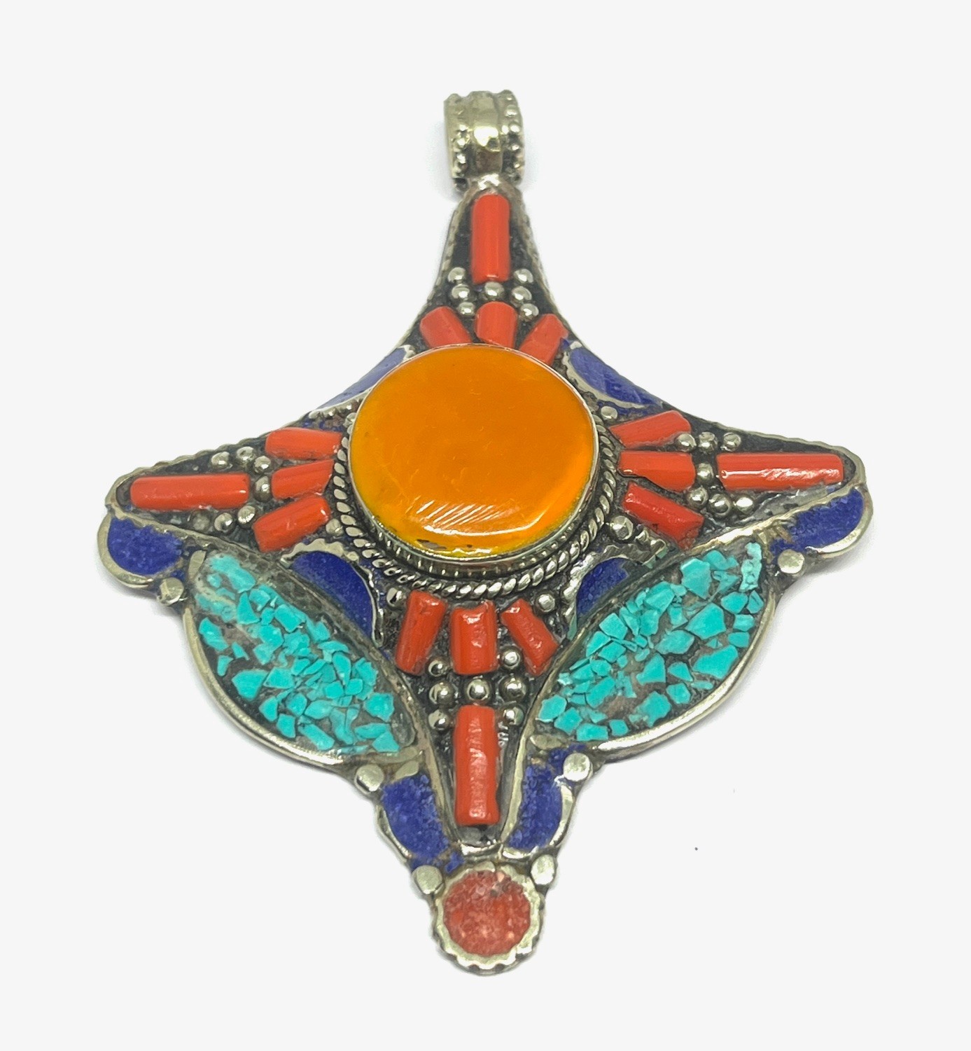 Ethnic Coral Turquoise Amber Gemstone Tibetan Style Pendant Jewelry, 3.0 inch