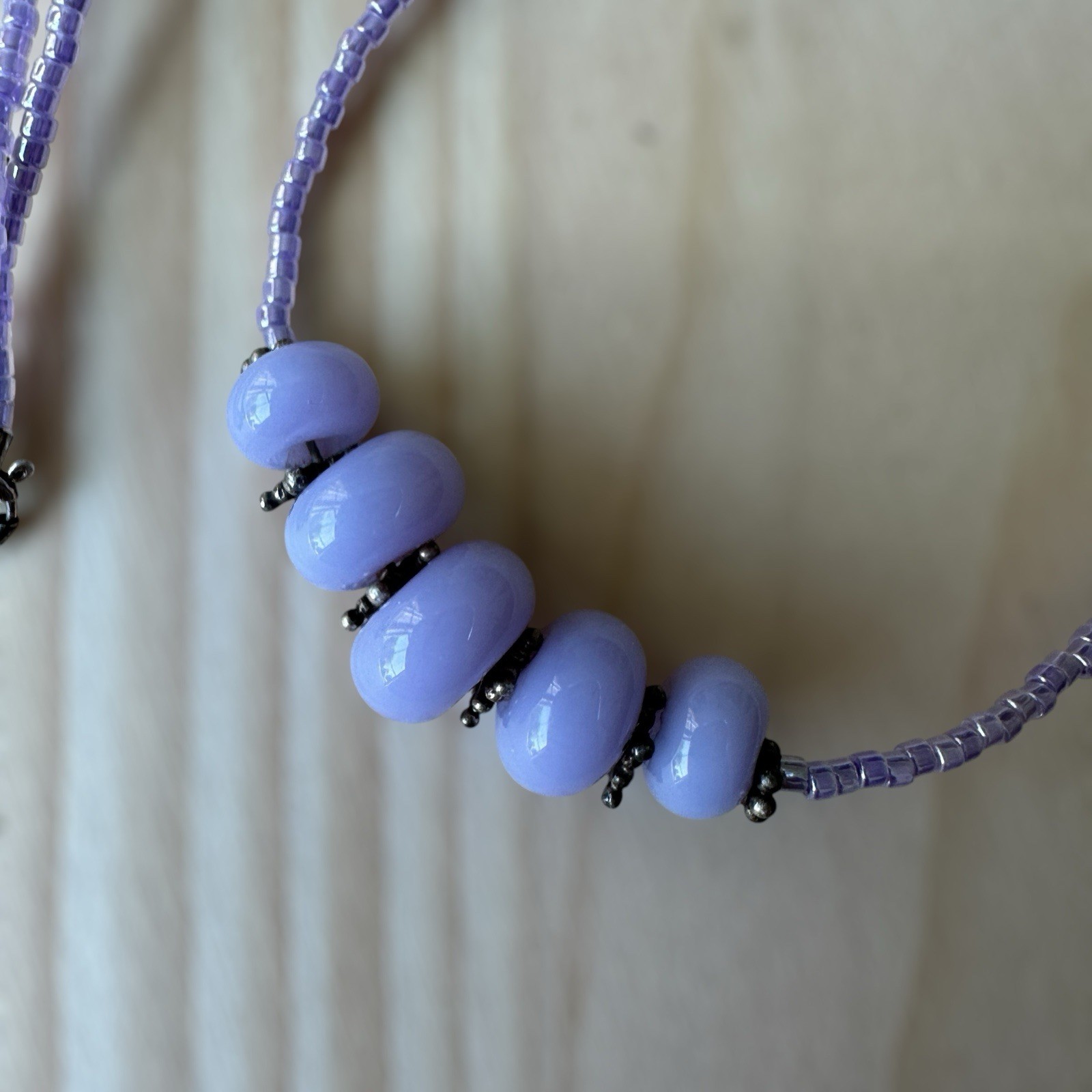 Vintage Necklace 15 Inch Lavender Glass Beads 925 Sterling Silver Clasp Spacers