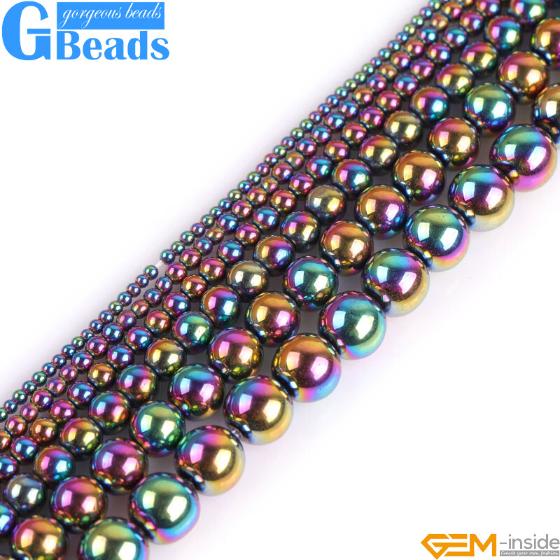 Rainbow Metallic Coated Reflections Hematite Round Beads Free Shipping 15″Strand