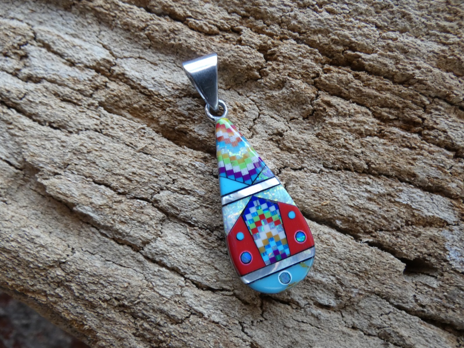 Southwestern Mosiac Gemstone Opal Aluminum Sterling Silver Alloy Pendant AS90
