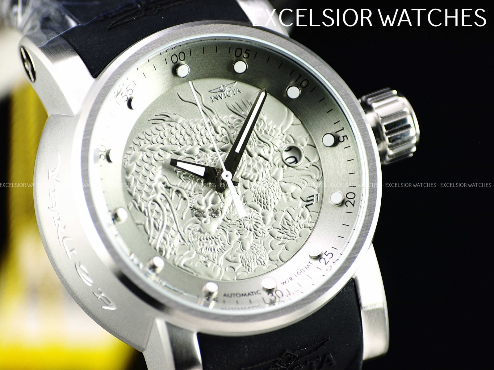 Invicta 48mm S1 YAKUZA DRAGON NH35A Automatic Silver Dial Black Silicone Watch
