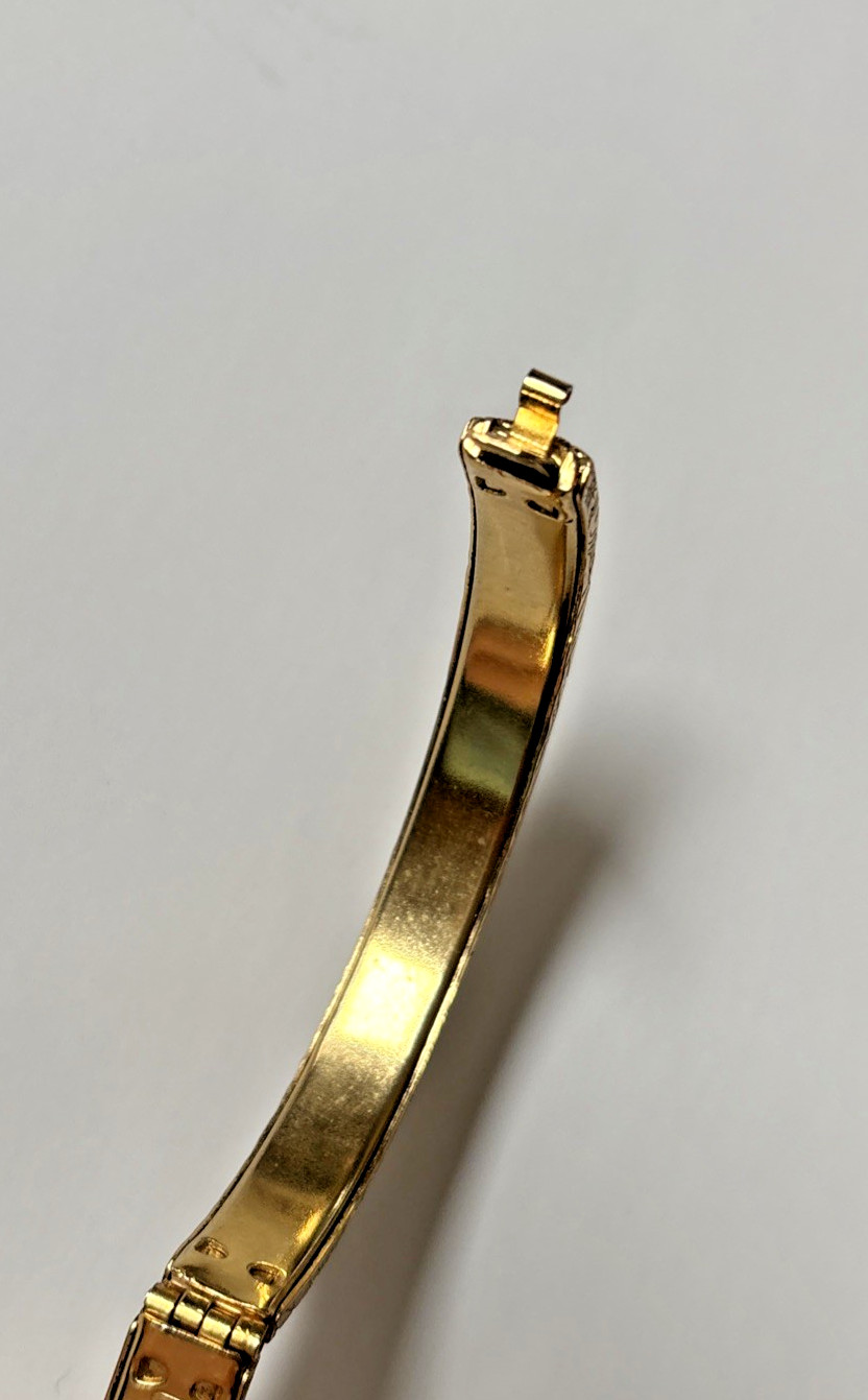 Gold Metal Bangle Bracelet Etched Floral Design Hinge Inside Circumfrrence 6.75″