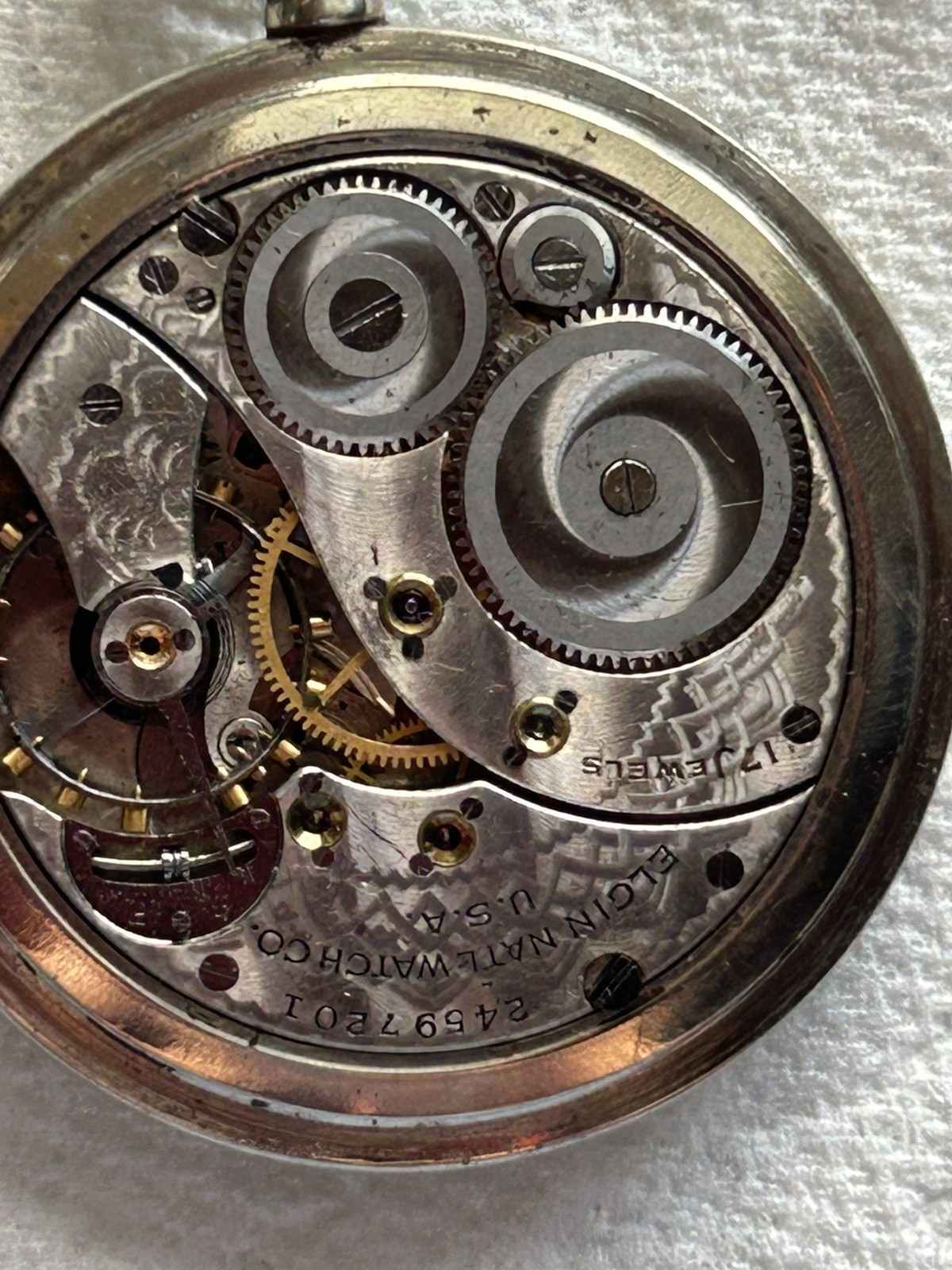 Nickle Silver Pocket Watch 1922 Elgin 17j 12s o/f With 9″Chain & 2 Vintage Fobs