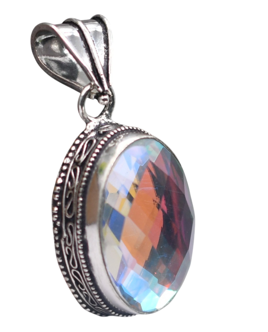 Mystic Topaz Hydro Gemstone Antique Silver Plated Pendant 2″ J 2037