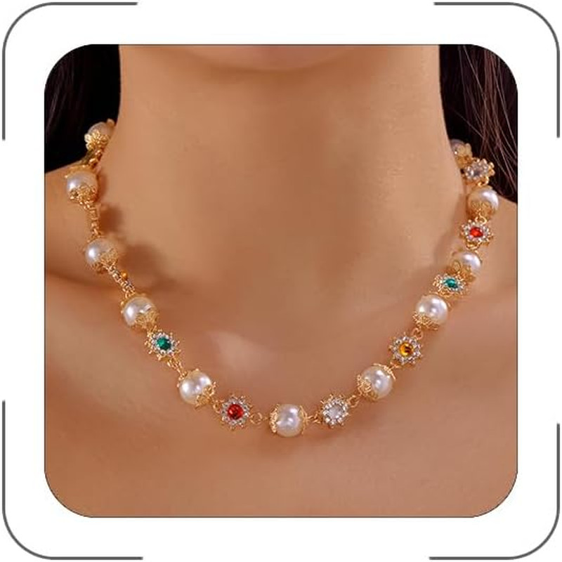 Dainty Pearl Necklace for Women Luxury White Pearl Choker Necklaces Colorful Gem