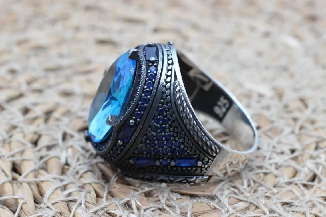 Ottoman Style Aquamarine Men’s Ring 925 Sterling Silver Turkish Ring Duty free