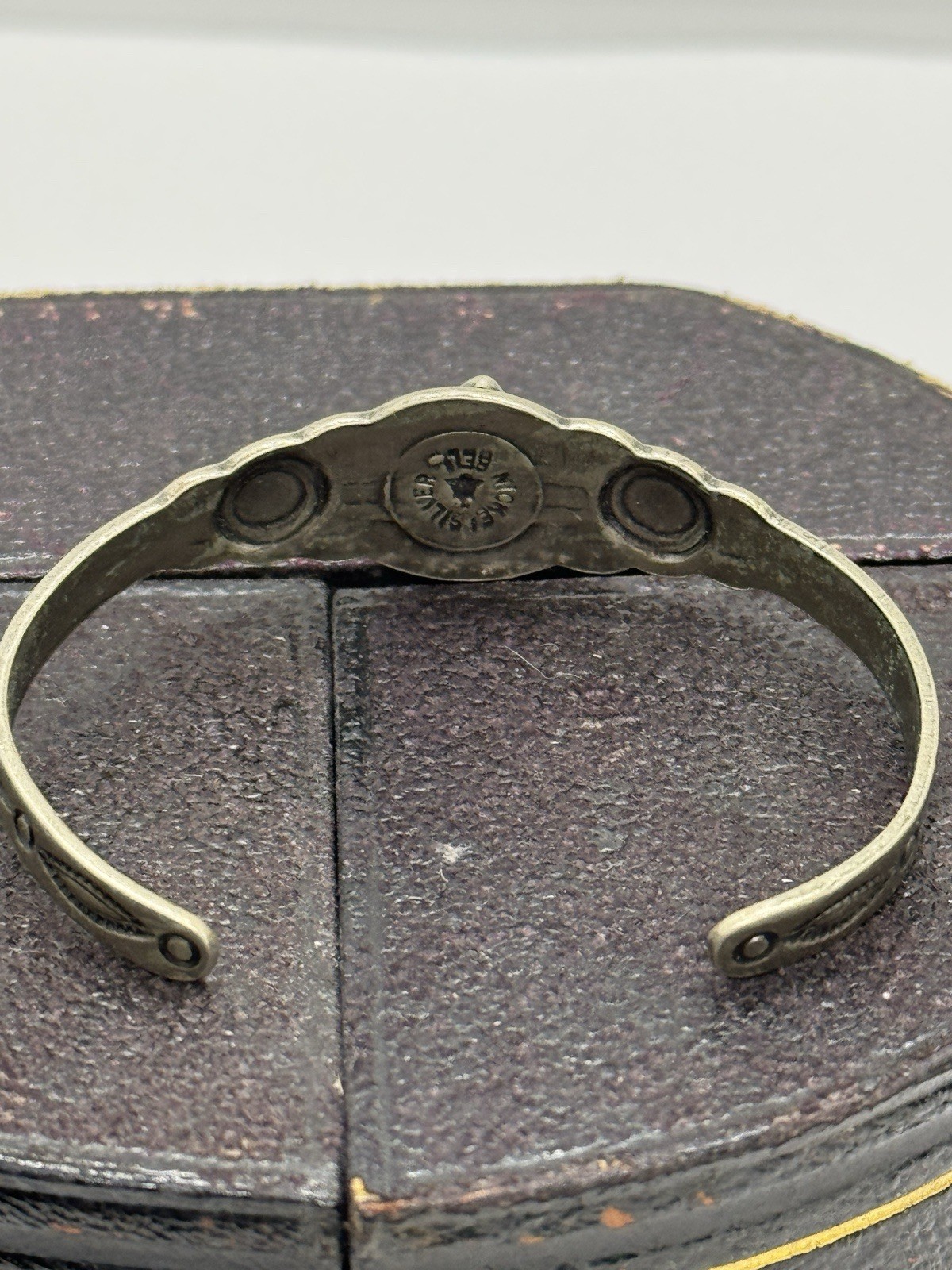 Vintage Navajo Turquoise Nickle Silver Cuff Bracelet Signed Bell Small 4 3/4″