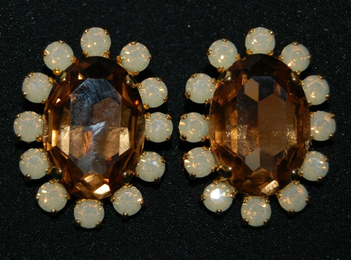 ELEGANT VTG RHINESTONE COUTURE LARGE AMBER OVAL & ICED CRYSTALS CLIP-ON EARRINGS