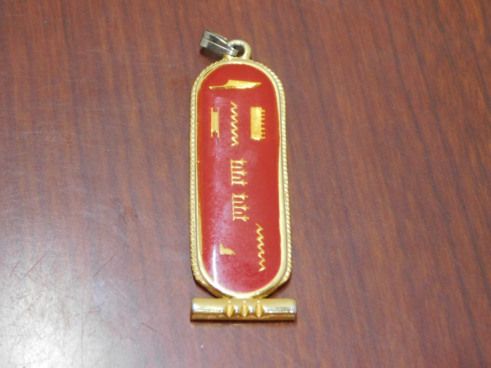 R Egyptian Gold toned Red Coral Enamel Cartouche Pendant from Egypt Amulet