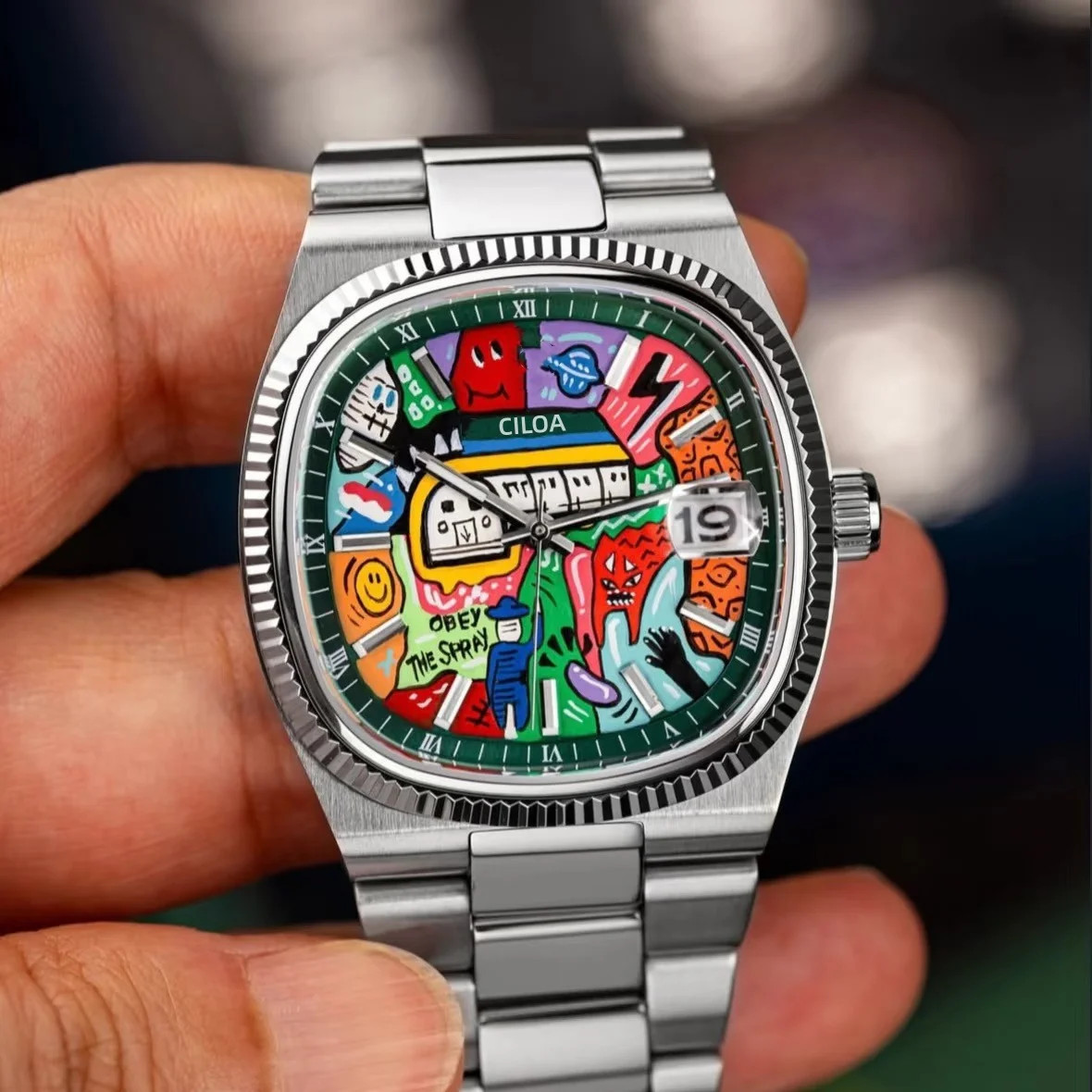 CILOA 518 Men’s Square Art Dial Quartz Watch Steel Calendar 3Bar