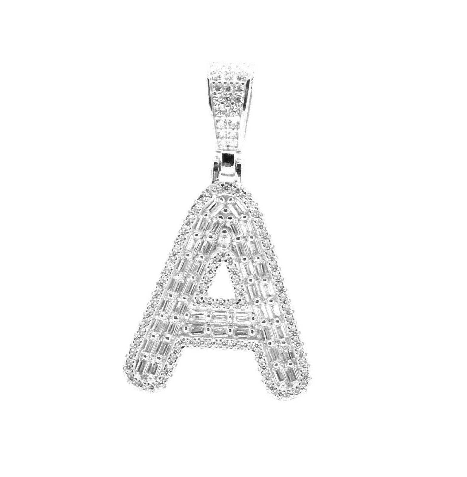925 Sterling Silver Baguette CZ Initial Alphabet Letter A-Z Block Pendant