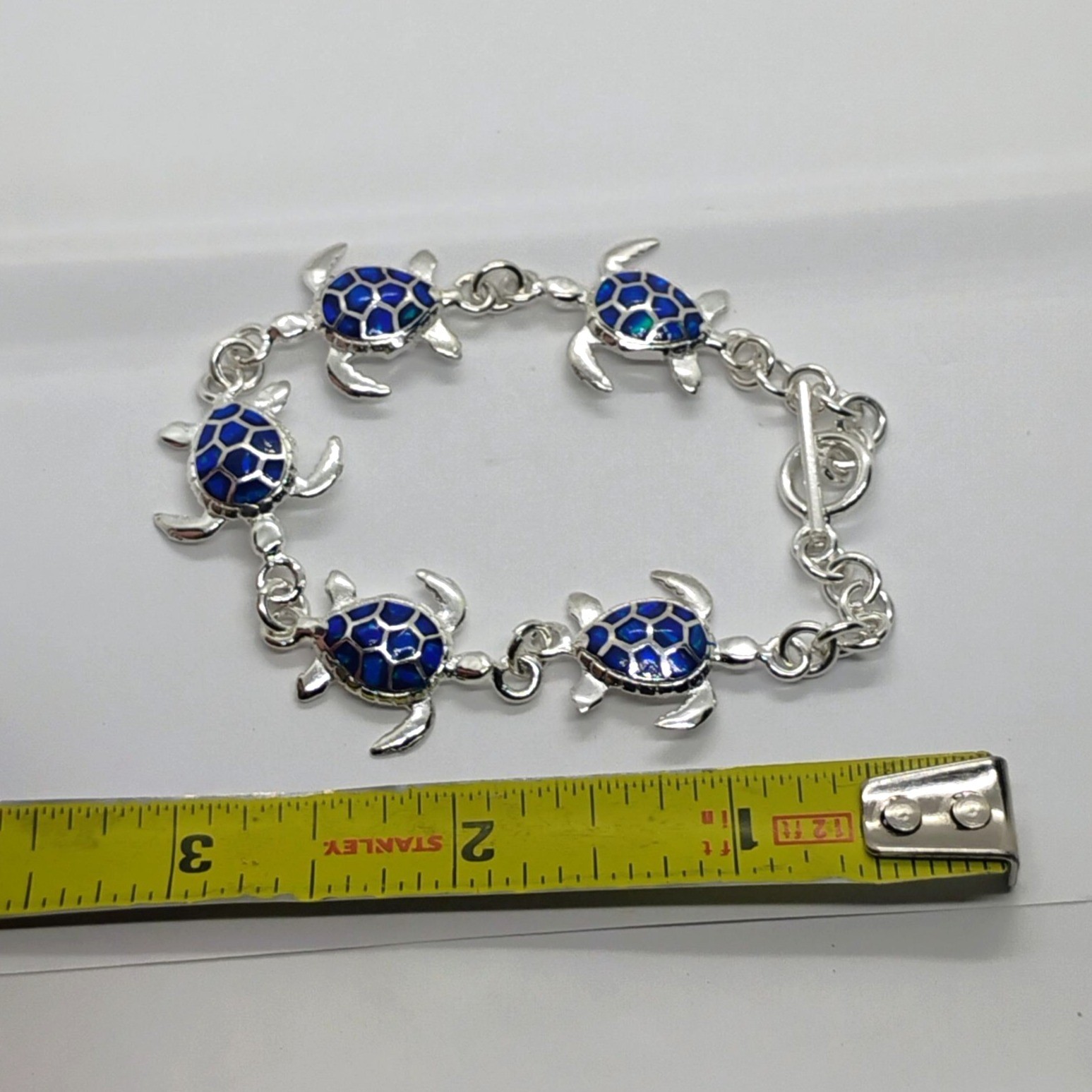 Sterling Silver Blue Lab Opal Inlay Sea Turtle Link Bracelet Toggle Clasp Size 7