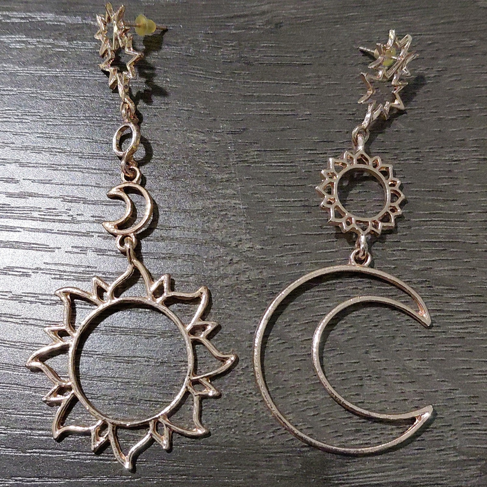 Silver Tone Celestial Sun Moon Star Dangle Drop Earrings Butterfly Closure