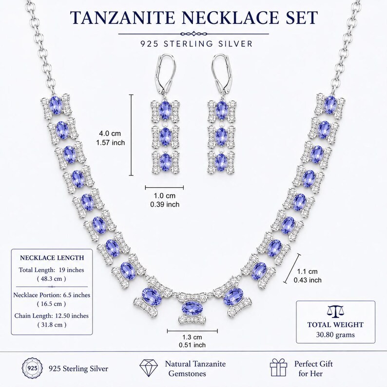Natural Tanzanite Necklace Set 925 Sterling Silver December Birthstone Gift