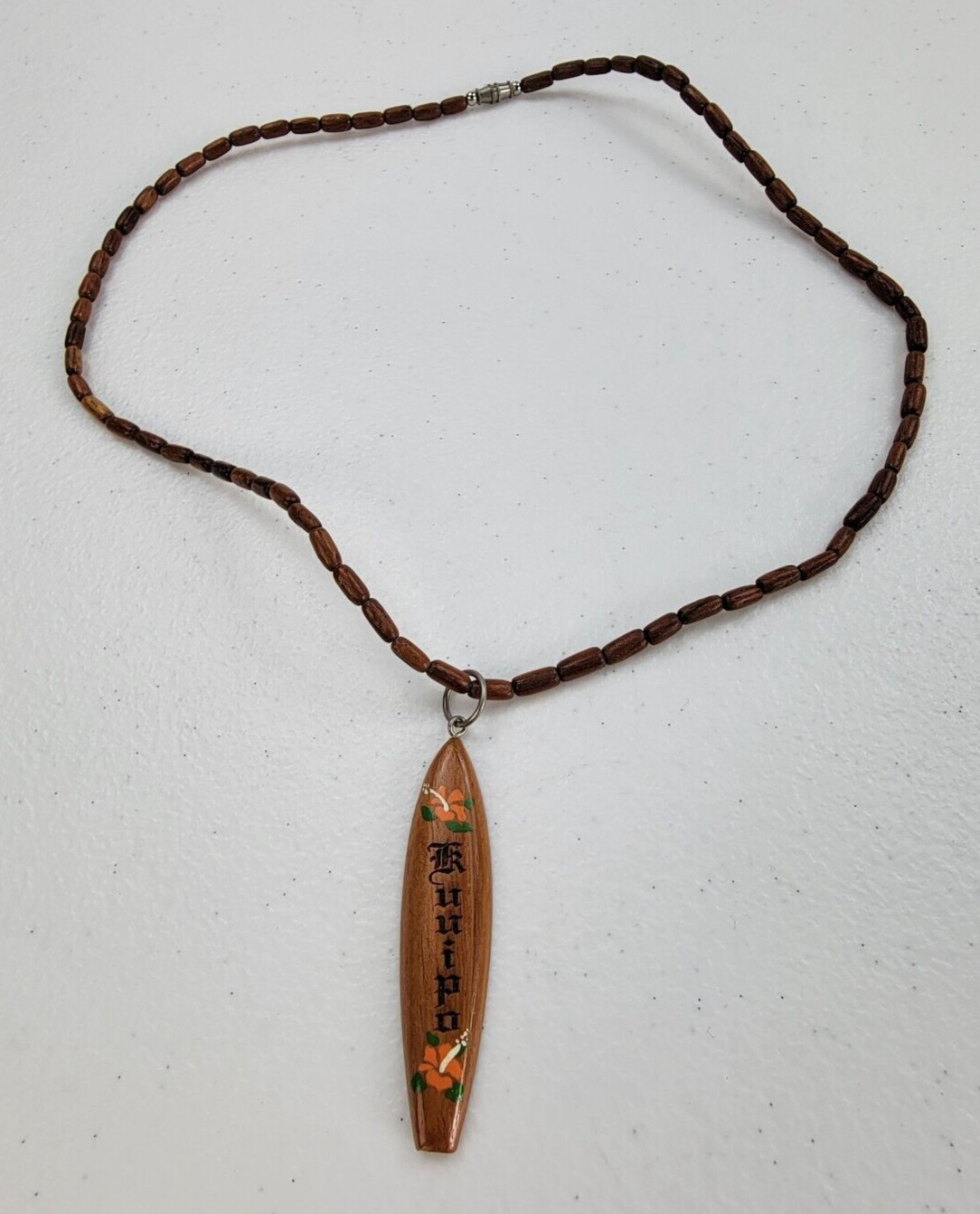 Vintage Hawaiian Ku’uipo Surfboard Pendant Wood Bead Necklace 18.5 In