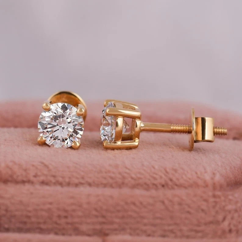 6mm Round Real VVS1 Moissanite 14K Yellow Gold Plated Stud Solitaire Earrings