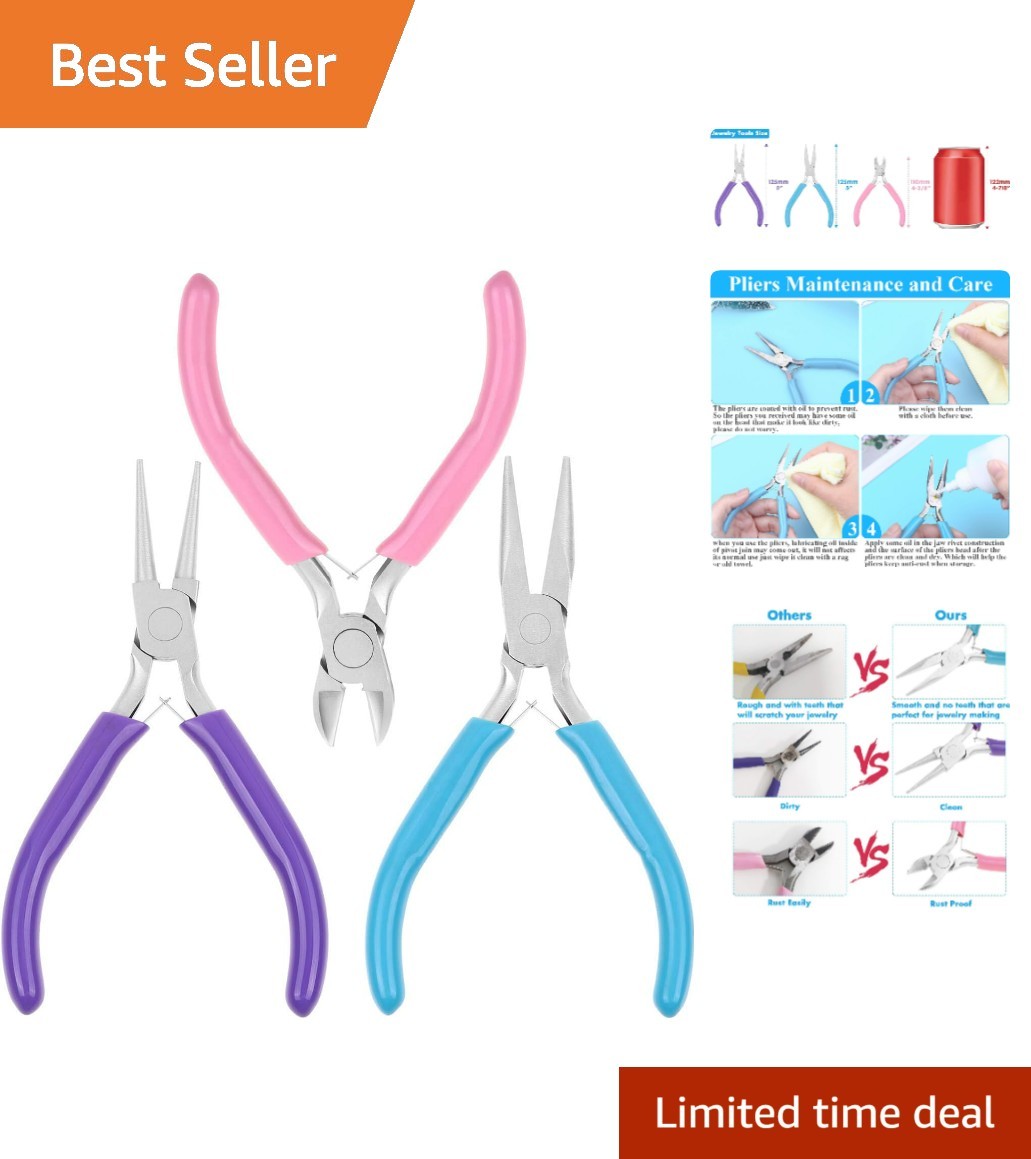 Alloy Steel Jewelry Making Pliers with Comfortable Rubber Grips – 3 Count